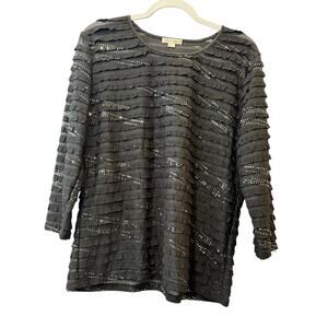 Erin London Woman XL Top Solid Black with Silver Rhinestones Glitter Long Sleeve